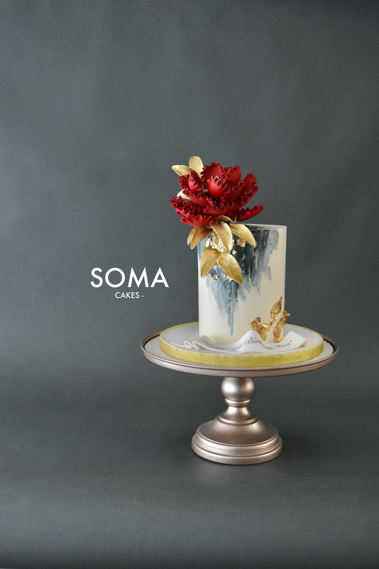 Red Sugar Peony on Modern Brushed Stroke Design with Gold Accent